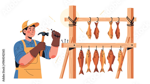 Craftsman and Harvest: A craftsman diligently constructing a drying rack, with freshly harvested fish hanging, embodies a scene of artisanal work and fresh food.