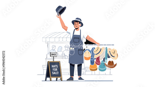 Hat Vendor at Market: A cheerful vendor presents a selection of stylish hats for sale at a bustling market, offering a glimpse into the charm of local commerce and artisanal craft.