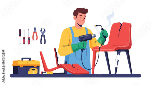 Furniture Repair: An artisan diligently repairs a damaged chair. Employing specialized tools and techniques to restore the chair to its former glory. Demonstrating skill and craftsmanship.