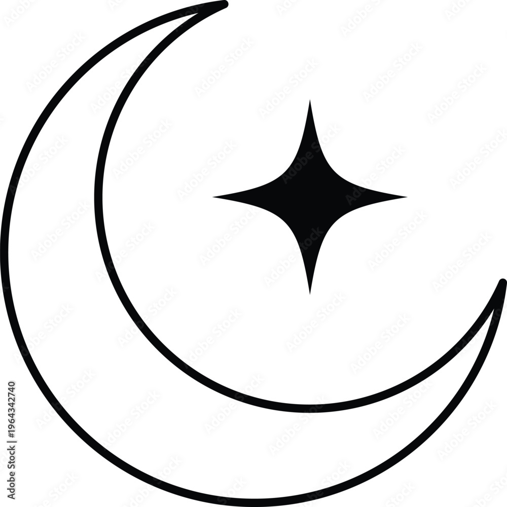 Fototapeta premium Crescent Moon and Star Minimal Line Art