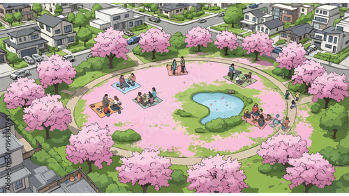 Spring Park Picnic Family Fun Outdoor Activity Residential Neighborhood Blossom Season