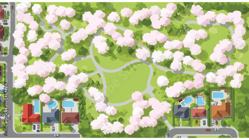 Aerial View of Suburban Park & Homes with Blooming Trees - Springtime Scene