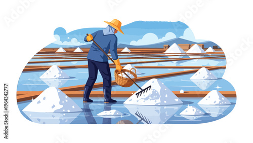 Salt Harvest: An illustration captures a dedicated individual at work, meticulously harvesting salt from a tranquil salt field, showcasing the traditional industry.