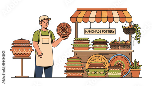 Handmade Pottery Shop: A craftsman stands proudly beside his colorful handmade pottery stall, showcasing intricate designs and inviting customers to explore the world of artisanal craftsmanship.