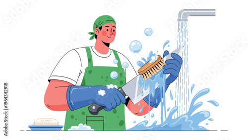 Master Chef’s Culinary Cleansing: A culinary artisan meticulously cleans a sharp knife under a stream of water with a brush in a kitchen.