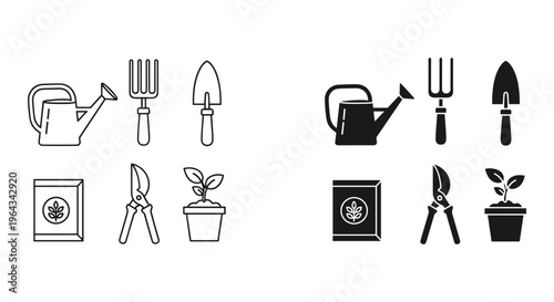 Minimalist gardening tool icons set, black outline and solid silhouette garden equipment, 12 vector elements for landscaping and horticulture