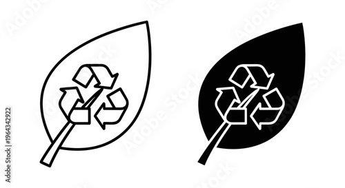 Eco friendly recycle symbol on leaf vector, sustainable packaging icons for green business, biodegradable and organic product labels