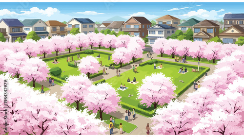 Vibrant Spring Cherry Blossom Park Picnic Scene with Families and Neighbors