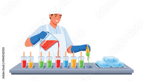 Frozen Dessert Maker at Work: A skilled artisan meticulously crafts vibrant ice pops, blending flavors and creativity to produce refreshing treats. 