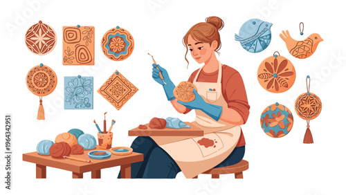 Artisan at Work: A skilled artisan meticulously crafts ornamental artwork, bringing intricate designs to life through dedicated craftsmanship and creative passion.