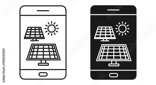 Solar energy mobile app icon set, smartphone with solar panels and sun on screen, renewable energy monitoring system vector illustration