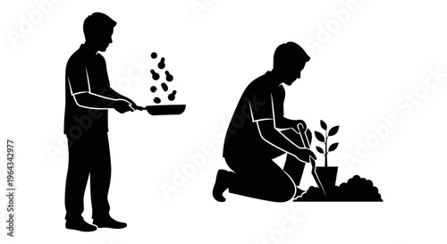 Black silhouette of man cooking with frying pan and man gardening. Male chef tossing food in skillet, gardener planting seedling in soil, vector set