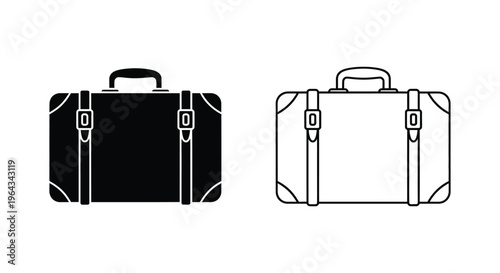 Vintage suitcase vector icons, retro travel luggage with straps and buckles, classic leather briefcase symbols for tourism and business trips
