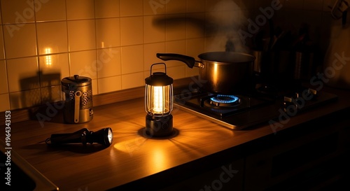 Warm kitchen with lantern and stove.