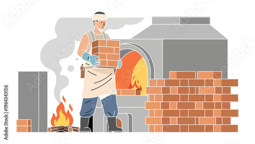 Bricklayer's Craft: A skilled bricklayer meticulously works, constructing a robust brick structure in a dynamic industrial environment, using the art of masonry