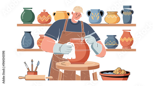 Artisan's Touch: A skilled artisan meticulously works on a clay pot in a pottery studio, demonstrating the artistry of ceramics.