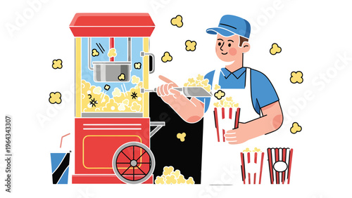 Popcorn Delight: A cheerful vendor expertly prepares and serves freshly made popcorn from a classic popcorn machine, ready for a movie night.