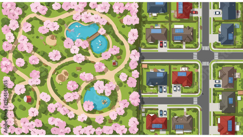 Aerial View of Suburban Neighborhood & Blooming Park, Springtime Living
