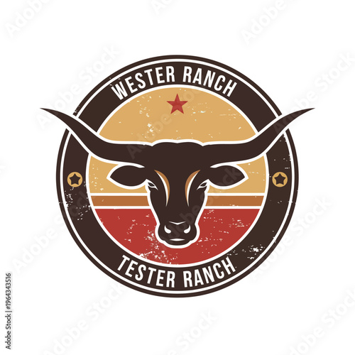 Vintage Western Ranch Logo with Longhorn Bull Head and Distressed Texture.