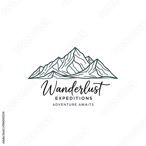 Wanderlust Expeditions Adventure Awaits Mountain Logo Design.