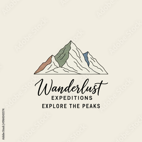Wanderlust Expeditions Explore The Peaks Mountain Logo Design.