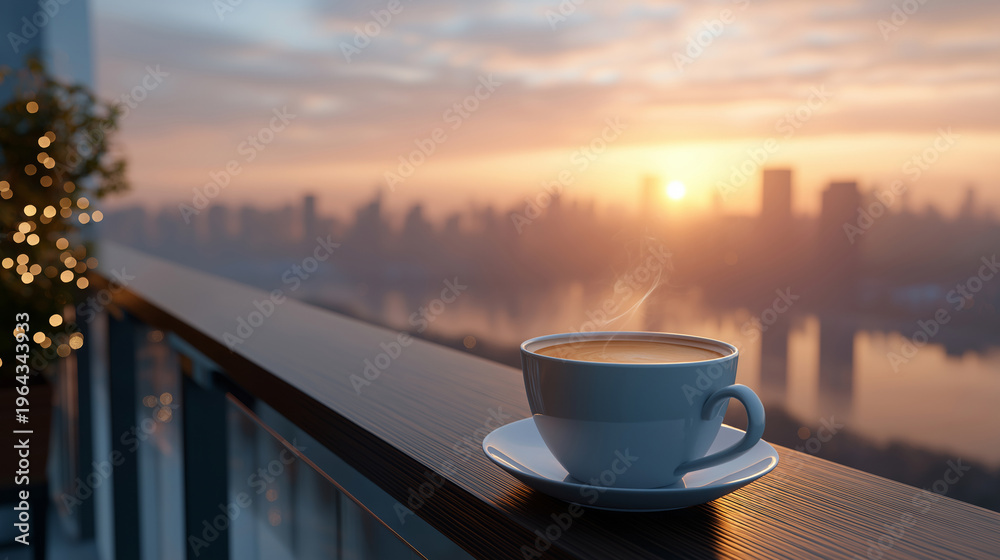 Naklejka premium Cinematic sunrise scene with a cup of coffee on a balcony overlooking a city skyline, golden hour lighting