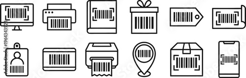 Set of barcode stickers mockups with scanning frames. Samples of bar code labels isolated on transparent background. Visual presentation of digital data product information. Vector illustration 