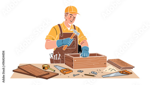 Craftsman at Work: A skilled artisan, clad in a protective hat and gloves, meticulously constructs a wooden box with precision and care, showcasing the art of woodworking.