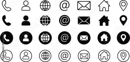 Contact icon set, contact us in line and solid style. Business card or website icons set address, location, number, fax, email, phone, website, message, name icon collection, communication contact Bus