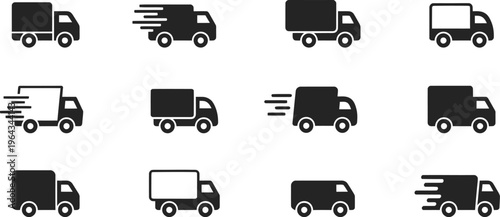 Delivery truck icon set – fast shipping and logistics transport silhouette vector pack Modern outline delivery truck icons demonstrating fast free shipping and logistics services for business         
