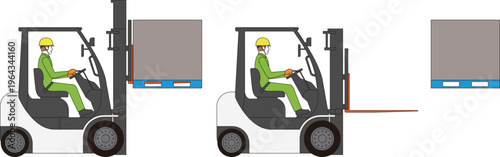 カウンターフォークリフトと操縦する作業員の側面からのイラスト。