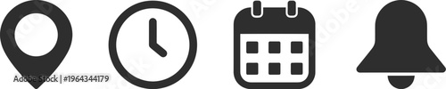 Date, Time, Address, and Notification icon set. Calendar, address, location pointer, and alarm bell icons. Notice alert, Notification, schedule, time clock icons. Vector illustration Time, date 
