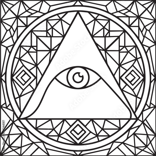 A geometric line icon on a square that features an eye inside a pyramid with various geometric shapes like triangles of  Illuminati sign.