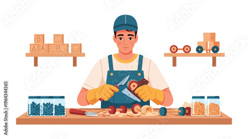 Artisan crafting wood toys: An artisan meticulously carves wood for a toy, the scene set in a workshop filled with the tools and materials of their craft.