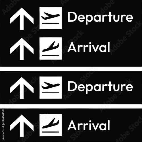 Airport sign vector with arrivals, departures, baggage claim, and transfer directions, information board signs for airport navigation, check-in and travel guidance panel Airport sign vector 