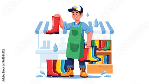 Shoe Store Salesman: The sales person offers array of colourful rain boots. A scene where rain boots are displayed