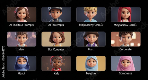Diverse animated characters with various expressions and headscarves on a black background