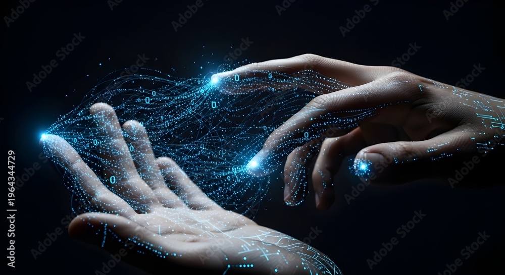 Fototapeta premium Human Hands Transforming into Digital Code – Artificial Intelligence Evolution Concept 