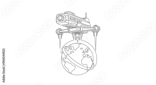 Surveillance Drone Overhead Globe Line Art Illustration - Global Monitoring Concept