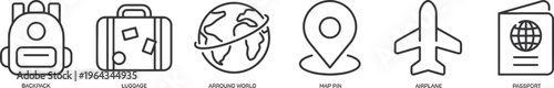 Travel icon. Tourism icon set silhouette. Simple Set of Travel Related Vector Line Icons. Contains such Icons as Luggage, Passport, Sunglasses and more. Editable Stroke. 48x48 Pixel Perfect.Gps travel