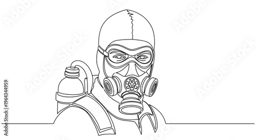 Hazardous Material Suit, Gas Mask, Protection, Safety Equipment, Single Line Art