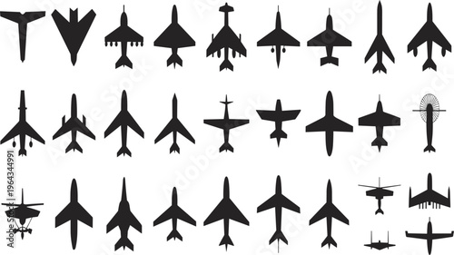Collection of twenty‑seven diverse black aircraft silhouettes viewed from above, isolated on white background for aviation design, aerodynamics study, aircraft recognition, and illustration use