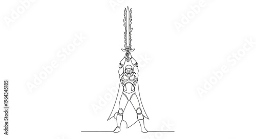 Knight Holding Sword Overhead, Warrior Character Line Art