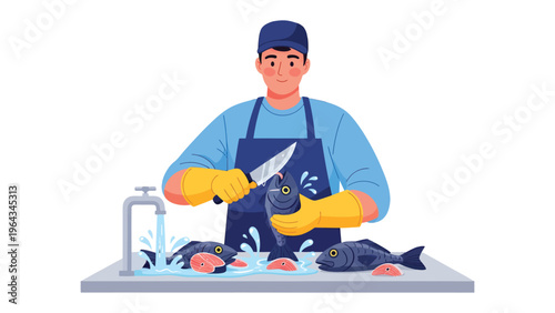 Culinary Precision: A dedicated chef masterfully cleans fresh fish in a meticulous display of culinary expertise, showcasing the art of food preparation.