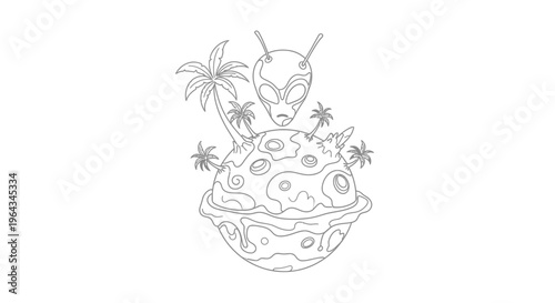 Alien Head Above Tropical Planet with Palm Trees, Outline Illustration