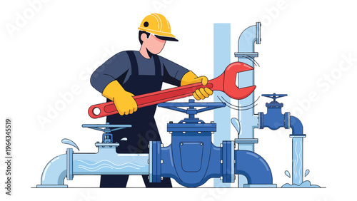 Precision Plumbing: A skilled plumber uses a wrench to meticulously repair pipes, embodying expertise in water management and infrastructure maintenance.