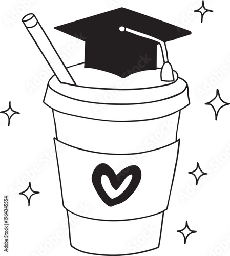 Minimalist line art illustration of a graduation mortarboard cap on top of a disposable coffee cup with a heart sleeve and sparkles decoration