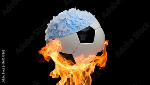 Striking visual dichotomy presents a classic soccer ball dramatically split between intense fiery flames below and shimmering ice crystals covering its top, symbolizing opposing forces.