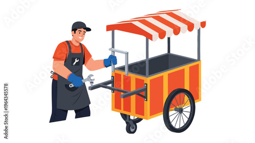 Street Vendor Cart Preparation: A vendor prepares their vibrant street vendor cart, getting ready for the day's trade, focusing on service and commerce.