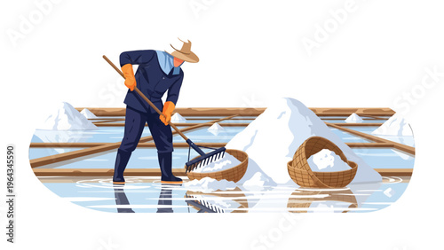 Salt Harvesting: A dedicated worker diligently harvests salt in a traditional salt field, his labor a testament to an ancient practice, the sun reflecting on the water surface.